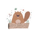 Vector illustration of a cute beaver sitting behind the log