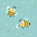 Cute bees flying with flowers elements on blue background