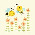 Two cute bees flying over the yellow flowers garden