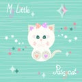 Vector illustration of a cute beige kitty baby on striped green background with stars in pastel colors. T-shirt design for kids.