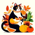 Vector illustration of a cute black cat sitting next to a basket of fruits and vegetables. Generative AI