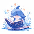 Vector illustration of a cute blue dolphin smiling and reading his favorite book on the floor. Surrounded by splashing waves white