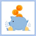 Vector illustration of cute blue piggy bank with stacked coins. save for investment. Vector illustration set isolated on white Royalty Free Stock Photo
