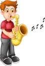 Cute boy cartoon standing with smile and play trumpet