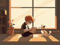 Vector Illustration of Cute Boy Character Reading A Book Near The Dog, Plant Vase, Bookshelves On Window Royalty Free Stock Photo