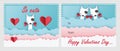 Card double-sided Happy Valentine's Day with cute bull Terrier dog. Papercut style cover. Cards with lovely puppies.