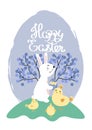 Vector illustration of cute bunnies with bright eggs and and little chickens. Happy Easter greetings text. Design for Royalty Free Stock Photo