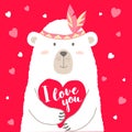 Vector illustration of cute cartoon bear holding heart and lettering for valentines card, placards, t-shirt prints. Royalty Free Stock Photo
