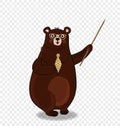 Cute cartoon bear teacher in glasses holding pointer on transparent background. Royalty Free Stock Photo