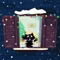Vector illustration of cute cartoon cat catching snow flakes on window Royalty Free Stock Photo