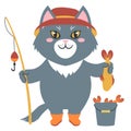 Vector illustration of a cute cartoon cat with a fishing rod and a fish Royalty Free Stock Photo