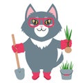 Vector illustration of a cute cartoon cat in glasses with shovel and onion