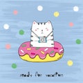 Vector illustration of cute cartoon cat swimming on pool ring inflatable pink donut among the sea isolated on a blue scratch