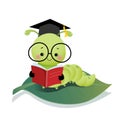 Cute cartoon caterpillar worm wearing graduation mortarboard hat and glasses reading a book on the leaf Royalty Free Stock Photo