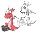 Vector Illustration of a Cute Cartoon Character Dragon for you Design and Computer Game. Coloring Book Outline Set