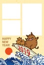 New year's card 2019.Cute wild boar on a surfboard.photo frame.