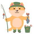 Vector illustration of a cute cartoon dog with a fishing rod and a fish Royalty Free Stock Photo