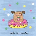 Vector illustration of cute cartoon dog swimming on pool ring inflatable pink donut among the sea isolated on a blue  scratch Royalty Free Stock Photo