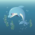 Cute cartoon dolphin swimming underwater in the blue ocean Royalty Free Stock Photo