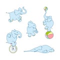 Vector illustration of cute cartoon elephant set. Cheerful elephant-juggler with ball, elephant-clown on unicycle Royalty Free Stock Photo