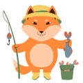 Vector illustration of a cute cartoon fox with a fishing rod and a fish Royalty Free Stock Photo