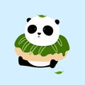 Vector Illustration: A cute cartoon giant panda is sitting on the ground, with a big matcha green tea doughnut.