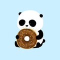 Vector Illustration: A cute cartoon giant panda is sitting on the ground, holding and eating a big chocolate doughnut / donut with