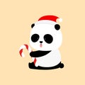 Vector Illustration: A cute cartoon giant panda is sitting on the ground, sticking tongue out, with a candy cane and a Christmas h