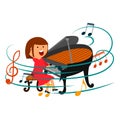 Vector illustration of a cute cartoon girl playing the piano surrounded by notes, isolated on a white background