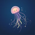 A cute cartoon jellyfish swimming under the dark blue ocean