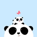 Vector Illustration: A cute cartoon little panda is lying on the head of his father / mother, looking at a butterfly.