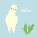 Vector Illustration of cute cartoon llama or alpaca with cactus. Childish print for fabric, t-shirt, poster, cards Royalty Free Stock Photo