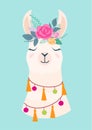 Vector illustration of cute cartoon llama with flowers. Stylish drawing for birthday cards, party invitations, poster and postcard Royalty Free Stock Photo