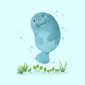 Vector Illustration Cute Cartoon Manatee Swimming Underwater With Seagrass