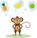 Vector illustration of a cute cartoon monkey with banana, apple and pineapple