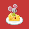 Vector illustration of a cute cartoon mouse sitting on a piece of cheese