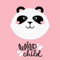 Vector illustration of a cute cartoon panda bear face signed wild child Royalty Free Stock Photo