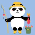 Vector illustration of a cute cartoon panda bear with a fishing rod and a fish Royalty Free Stock Photo