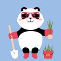 Vector illustration of a cute cartoon panda bear in glasses with shovel and onion