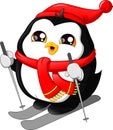 Cute cartoon penguin snow skiing