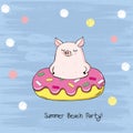 Vector illustration of cute cartoon pig swimming on pool ring inflatable pink donut among the sea isolated on a blue scratch