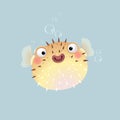 A cartoon puffer fish on gray background