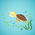 A cute cartoon sea turtle swimming in the deep blue ocean