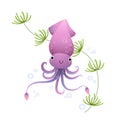 Vector illustration cute cartoon squid underwater in the sea