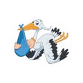 Vector illustration of cute cartoon stork carrying baby Royalty Free Stock Photo