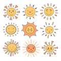 Vector illustration of cute cartoon sun characters. Royalty Free Stock Photo