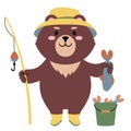 Vector illustration of a cute cartoon teddy bear with a fishing rod and a fish Royalty Free Stock Photo