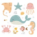 Vector illustration with cute cartoon underwater animals