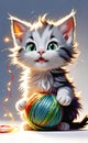 vector illustration, cute cheerful kitten playing with a ball of thread, children\'s picture for illustration