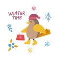 Vector Illustration with a cute Christmas bird in winter accessories, hat, scarf, boots.